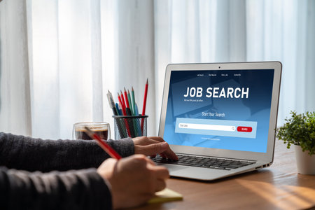 Online job search on modish website for worker to search for job opportunities on the recruitment internet networkの写真素材