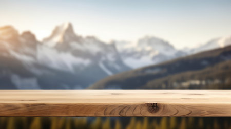 The empty wooden brown table top with blur background of dolomite mountain. Exuberant image.の写真素材