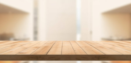 The empty wooden table top with blur background of an office and city. Exuberant image.の写真素材