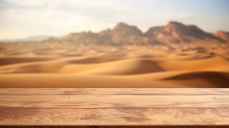 The empty wooden brown table top with blur background of desert dune mountain. Exuberant image.の写真素材