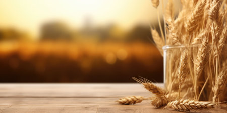 The empty wooden table top with blur background of wheat farm. Generative AI image AIG30.の素材