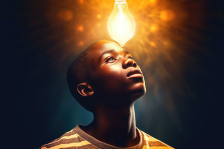 bright light bulb floating above of young african mans head. beautiful Generative AI AIG32の素材