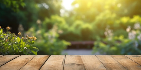The empty wooden table top with blur background of garden. Generative AI AIG30.の素材