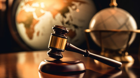 gavel of law on table top, with world map in blur background. beautiful Generative AI AIG32の素材