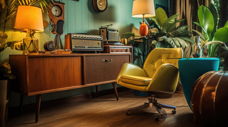 Inspiring office interior design Mid-century style Private office featuring Retro furniture architecture. Generative AI AIG 31.の素材