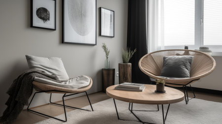 Living room decor, home interior design . Scandinavian Minimalist style with Wall Art decorated with Wood and Metal material . Generative AI AIG26.の素材