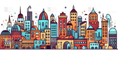 city skyline simple doodle color cartoon on white background. beautiful Generative AI AIG32の素材
