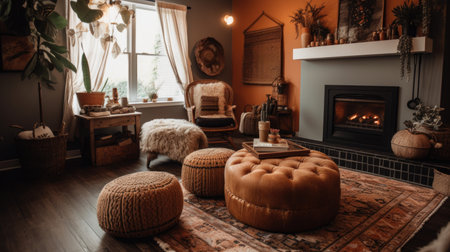 Living room decor, home interior design . Bohemian Rustic style with Fireplace decorated with Wicker and Wood material . Generative AI AIG26.の素材