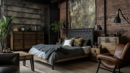 Bedroom decor, home interior design . Industrial Rustic style with Brick Wall decorated with Metal and Wood material . Generative AI AIG26.の素材