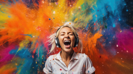 candid shot of an excited young scandinavian woman party with headphones. beautiful Generative AI AIG32の素材