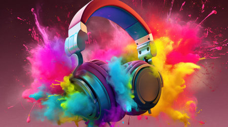 A headphone with colorful color powder splash. beautiful Generative AI AIG32の素材