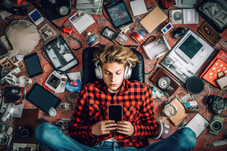 A top view of a Scandinavian teenage male lying on the floor with many electronic devices. Generative AI AIG30.の素材