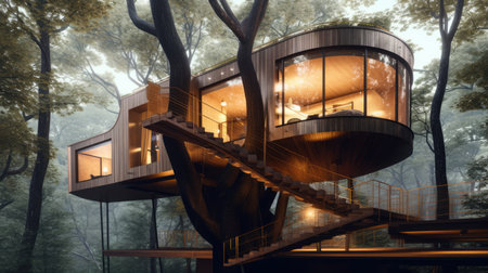 The exterior design of modern and luxurious treehouse in the forest. Generative AI image AIG30.の素材