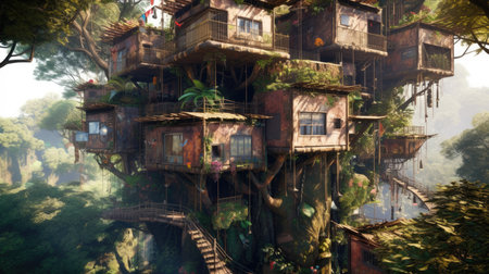 The complex tree house with multiple floors in tropical jungle. Generative AI image AIG30.の素材