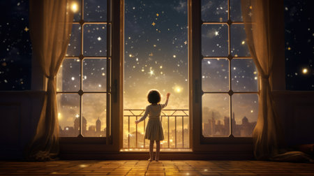 A happy little girl standing at a large window and looking at stars in the sky with dreamy and imaginative. beautiful Generative AI AIG32の素材