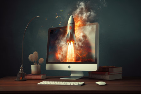 Rocket coming out of desktop computer screen. beautiful Generative AI AIG32の素材