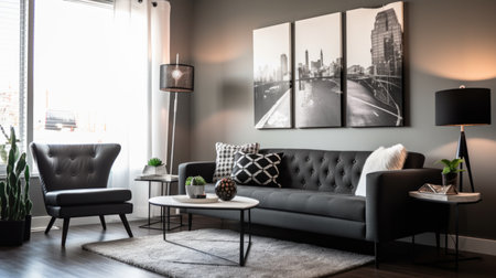 Living room decor, home interior design . Modern Industrial style with Wall Art decorated with Concrete and Metal material . Generative AI AIG26.の素材