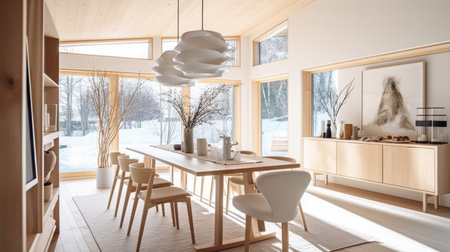 Interior design inspiration of Contemporary Scandinavian style home dining room loveliness decorated with Glass and Wood material and Window .Generative AI home interior design .の素材