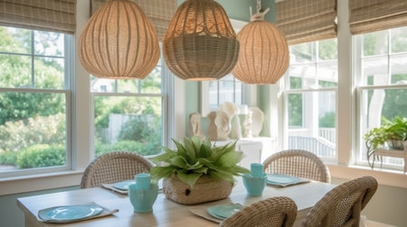 Interior design inspiration of Coastal Beachy style home dining room loveliness decorated with Wood and Wicker material and Seashell Chandelier .Generative AI home interior design .の素材