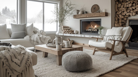 Living room decor, home interior design . Scandinavian Rustic style with Fireplace decorated with Wood and Faux Fur material . Generative AI AIG26.の素材