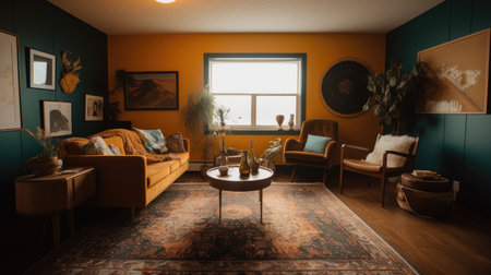 Bedroom decor, home interior design . Mid-Century Modern Bohemian style with Accent Wall decorated with Wood and Textile material . Generative AI AIG26.の素材