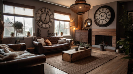 Living room decor, home interior design . Rustic Industrial style with Fireplace decorated with Wood and Metal material . Generative AI AIG26.の素材