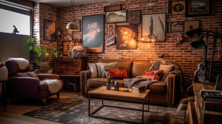 Living room decor, home interior design . Industrial Bohemian style with Brick Wall decorated with Metal and Leather material . Generative AI AIG26.の素材