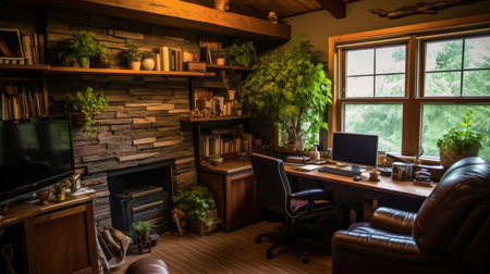 Inspiring office interior design Rustic style Office featuring Cozy cabin vibes architecture. Generative AI AIG 31.の素材
