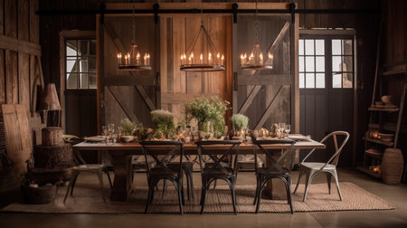 Interior design inspiration of Rustic Farmhouse style home dining room loveliness decorated with Wood and Metal material and Barn Doors .Generative AI home interior design .の素材