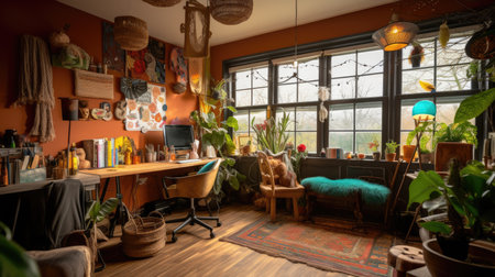 Inspiring office interior design Bohemian style Creative space featuring Eclectic decor architecture. Generative AI AIG 31.の素材
