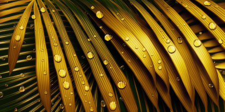 Dark Gold palm leaves dramatic photo effect background, realism, realistic, hyper realistic. Generative AI image weber.の素材
