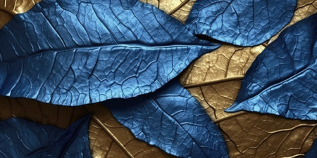 Dry Gold Blue leaves Surface textured background, realism, realistic, hyper realistic. Generative AI image weber.の素材