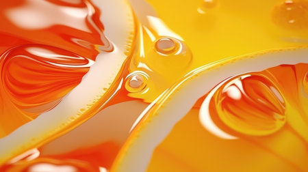 The close up of a glossy liquid surface abstract in tangerine orange and lemon yellow colors with a soft focus. 3D illustration of exuberant.の写真素材