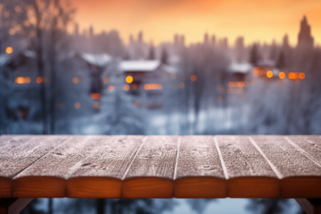 The empty wooden table top with blur background of winter in Finland. Generative AI image AIG30.の素材
