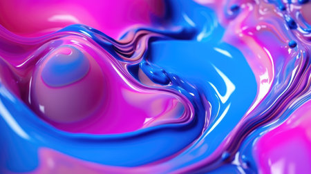 The close up of a glossy liquid surface abstract in hot pink, electric blue, and neon green colors with a soft focus. 3D illustration of exuberant.の写真素材