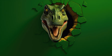 Cute T-Rex peeking out of a hole in wall, torn hole, empty copy space frame, mockup. Generative AI image weber.の素材