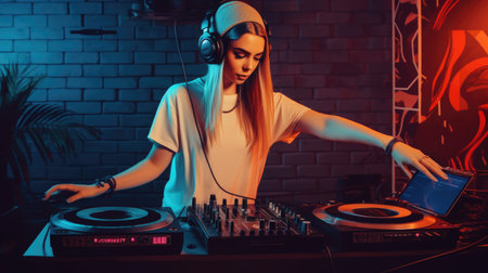 dj woman having fun playing music at club party. Generative AI image AIG30.の素材