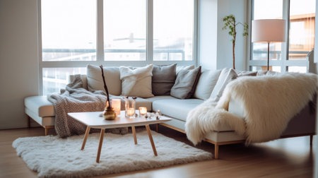 Living room decor, home interior design . Scandinavian Minimalist style with Large Windows decorated with Wood and Leather material . Generative AI AIG26.の素材