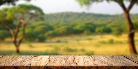The empty wooden brown table top with blur background of Savanna Safari. Exuberant image.の写真素材