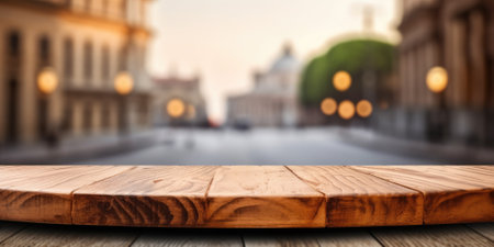 The empty wooden table top with blur background of Rome street. Exuberant image.の写真素材