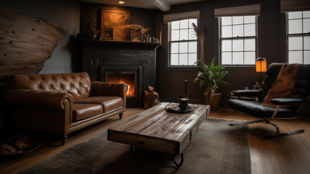 Living room decor, home interior design . Rustic Industrial style with Fireplace decorated with Reclaimed Wood and Metal material . Generative AI AIG26.の素材