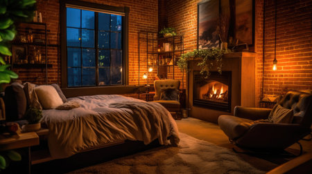 Bedroom decor, home interior design . Rustic Industrial style with Fireplace decorated with Brick and Metal material . Generative AI AIG26.の素材