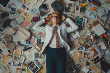 A top view of an overworked young Scandinavian businessman lying on the floor that is full of papers and documents in an office scene. Generative AI image AIG30.の素材
