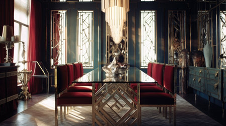 Interior design inspiration of Art Deco Glamorous style home dining room loveliness decorated with Velvet and Gold material and Mirrored Wall .Generative AI home interior design .の素材