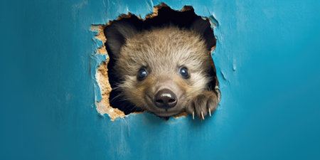 Cute Bear peeking out of a hole in wall, torn hole, empty copy space frame, mockup. Generative AI image weber.の素材