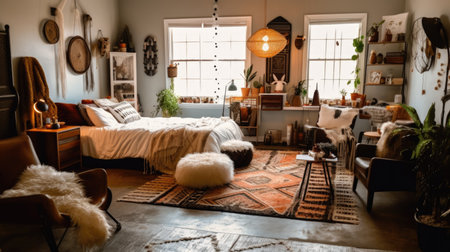 Bedroom decor, home interior design . Bohemian Industrial style with Wall Hanging decorated with Textile and Metal material . Generative AI AIG26.の素材