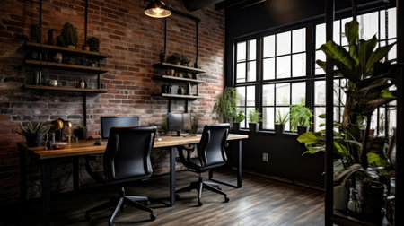Inspiring office interior design Industrial style Office featuring Exposed brick wall architecture. Generative AI AIG 31.の素材