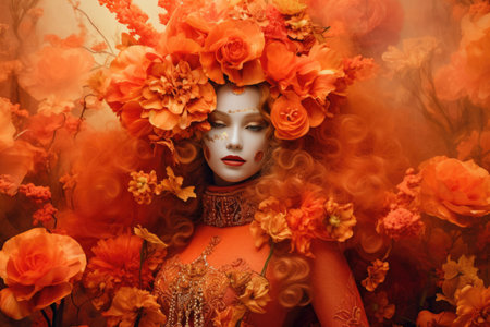 A stunning swedish woman dressed in orange costume with flowers in her hands in the style of ethereal dreamscapes. beautiful Generative AI AIG32の素材