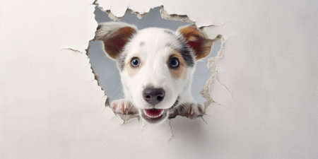 Cute Puppy peeking out of a hole in wall, torn hole, empty copy space frame, mockup. Generative AI image weber.の素材