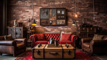 Living room decor, home interior design . Industrial Rustic style with Brick Wall decorated with Metal and Wood material . Generative AI AIG26.の素材